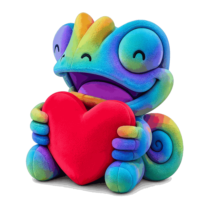 Peluche de camaleón arcoíris abrazando un corazón